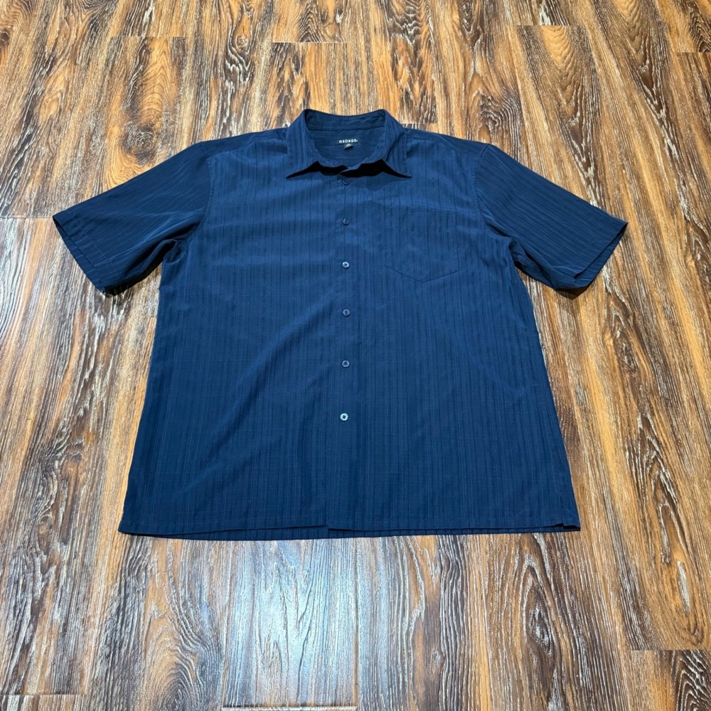 Mens Dark Navy Blue Vertical Stripe Short Sleeve Button Down Shirt Size L Pocket